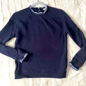 J. Crew Navy Blue Cotton Pullover Sweater Top with pinstripe ruffle XXS